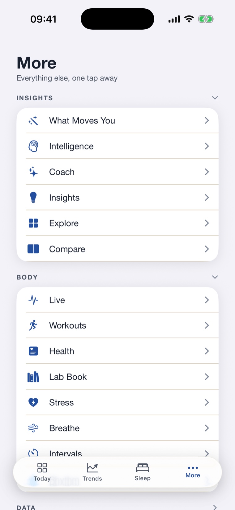 The NOOP More menu listing Coach, Workouts, Health, Lab Book, Stress, Breathe, Intervals and Compare.