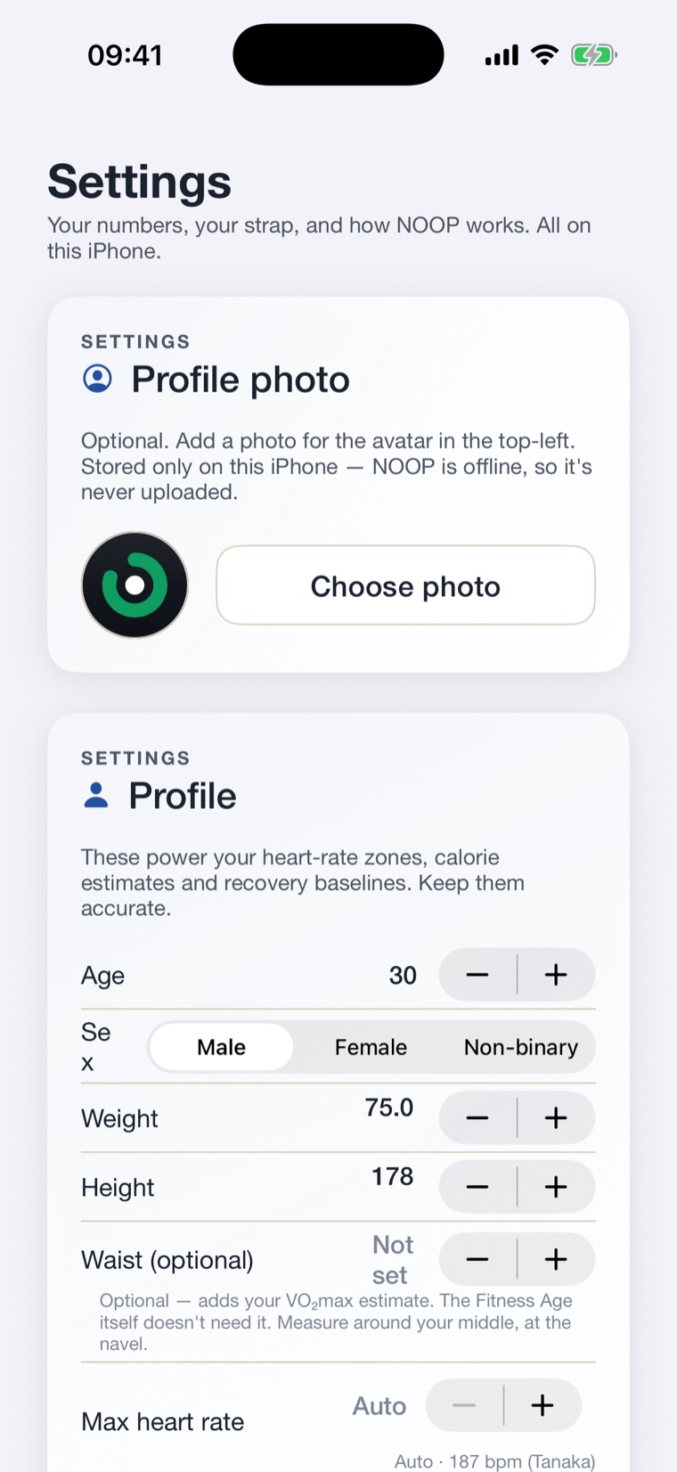 The NOOP Settings screen, where the app version and the Test Centre export live.