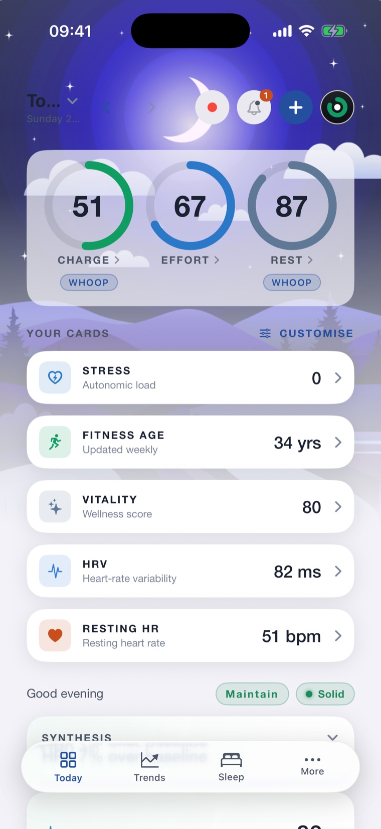 The NOOP Today screen with Charge, Effort and Rest rings over a dusk sky and metric cards for stress, fitness age, HRV and resting heart rate.